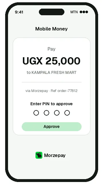 A customer approves a UGX 25,000 mobile money payment on their phone, and the merchant's wallet is credited.