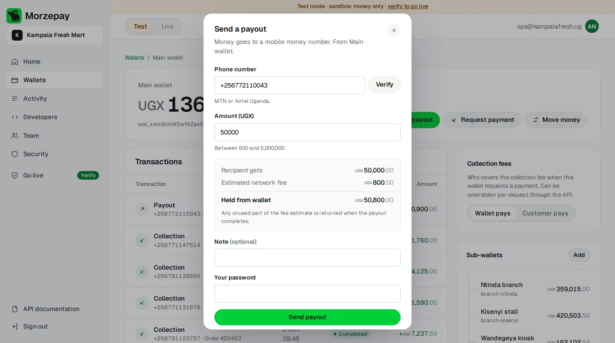 Sending a payout: the registered name is verified and the fee is shown before confirming.